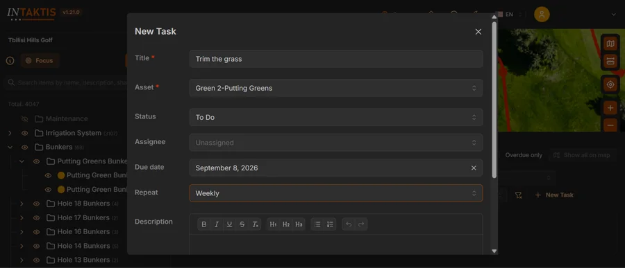 INTAKTIS screenshot: creating a recurring maintenance task against an asset