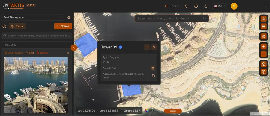INTAKTIS screenshot: asset detail panel with photo revisions over time