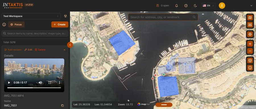 INTAKTIS screenshot: video attachment linked to a mapped asset