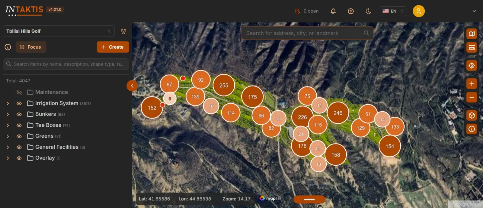 INTAKTIS platform showing a mapped golf course asset overview