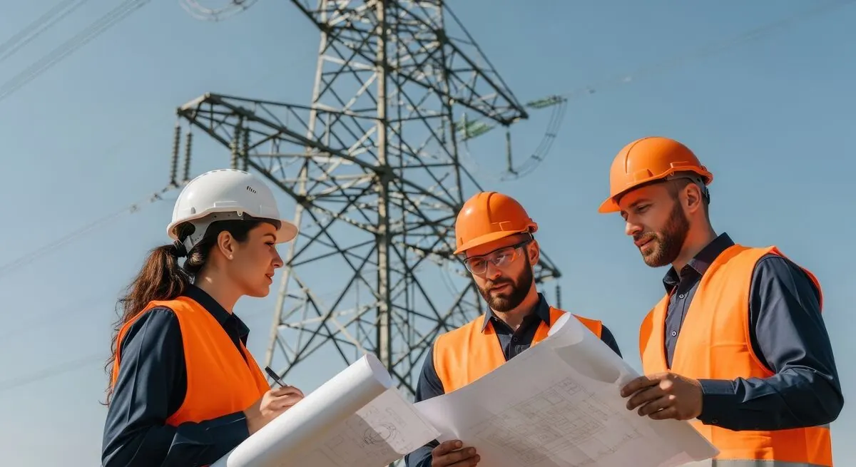 Engineering team reviewing blueprints in front of an electrical transmission tower