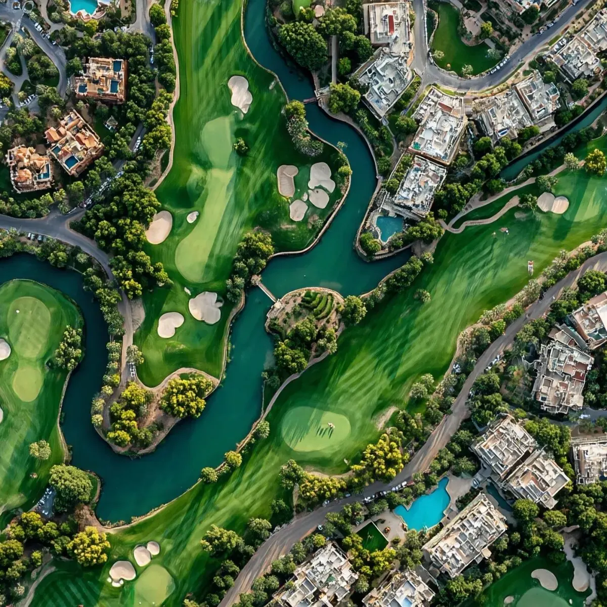 Aerial view of a golf course during golf and resort operations