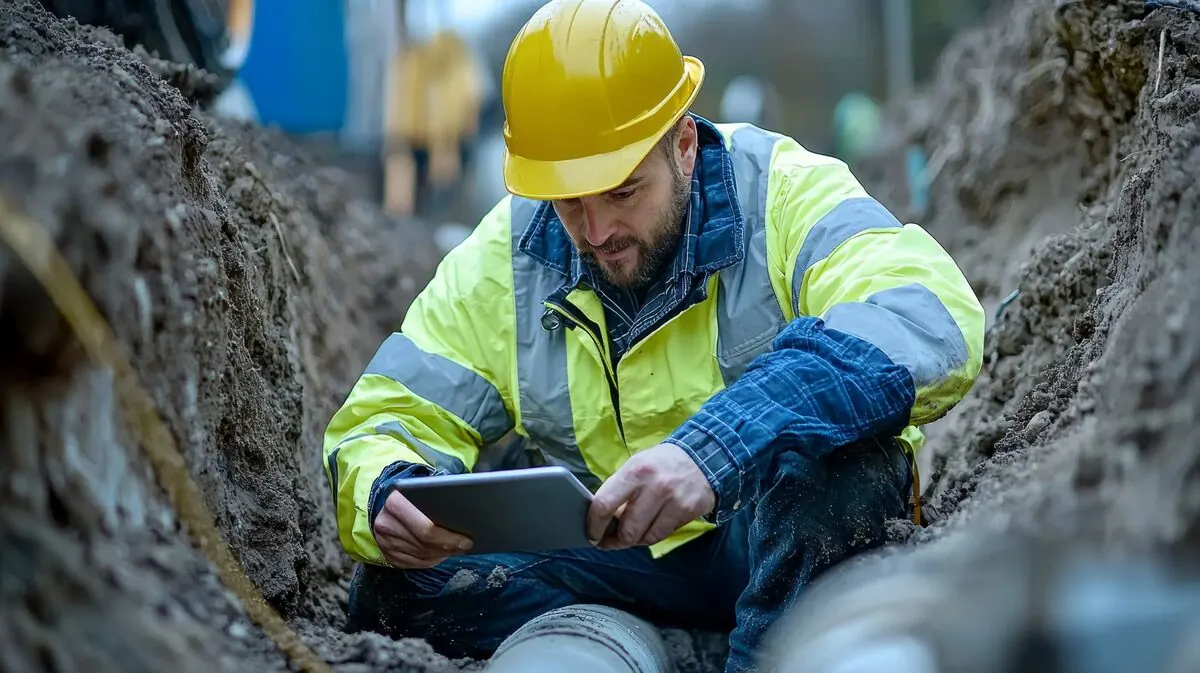 Engineer inspecting a trench and underground pipe during a roads and transportation project