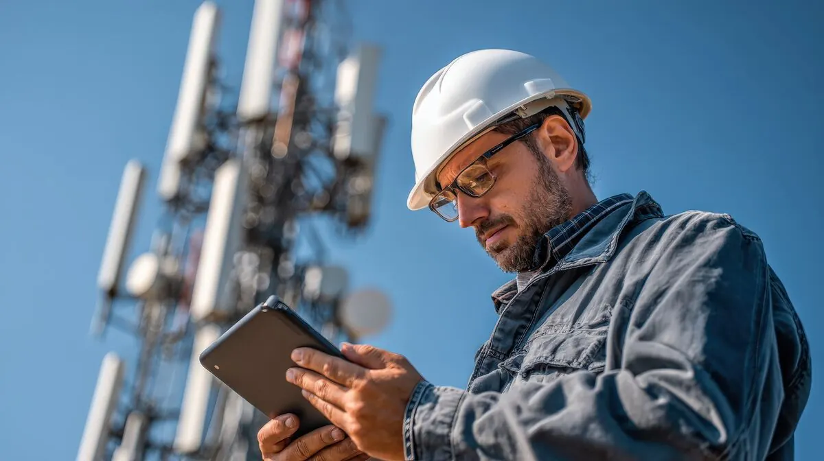 Field engineer inspecting telecommunications infrastructure near a cell tower